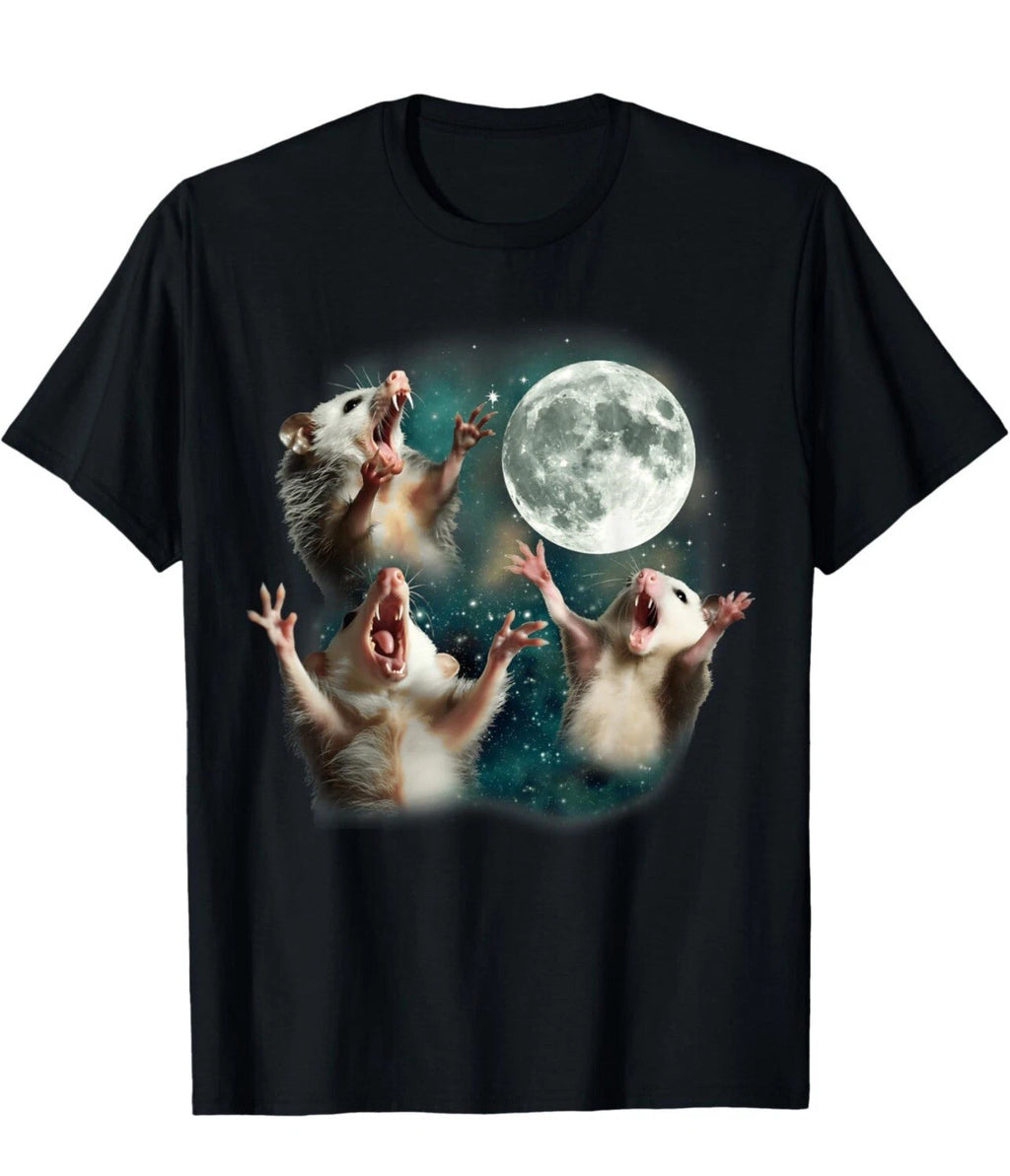 Three Possum Moon | 3 Opossum Funny Weird Cursed Meme T-Shirt Size 3XL BLACK