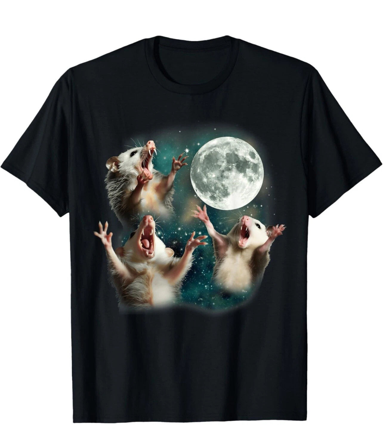 Three Possum Moon | 3 Opossum Funny Weird Cursed Meme T-Shirt Size 3XL BLACK