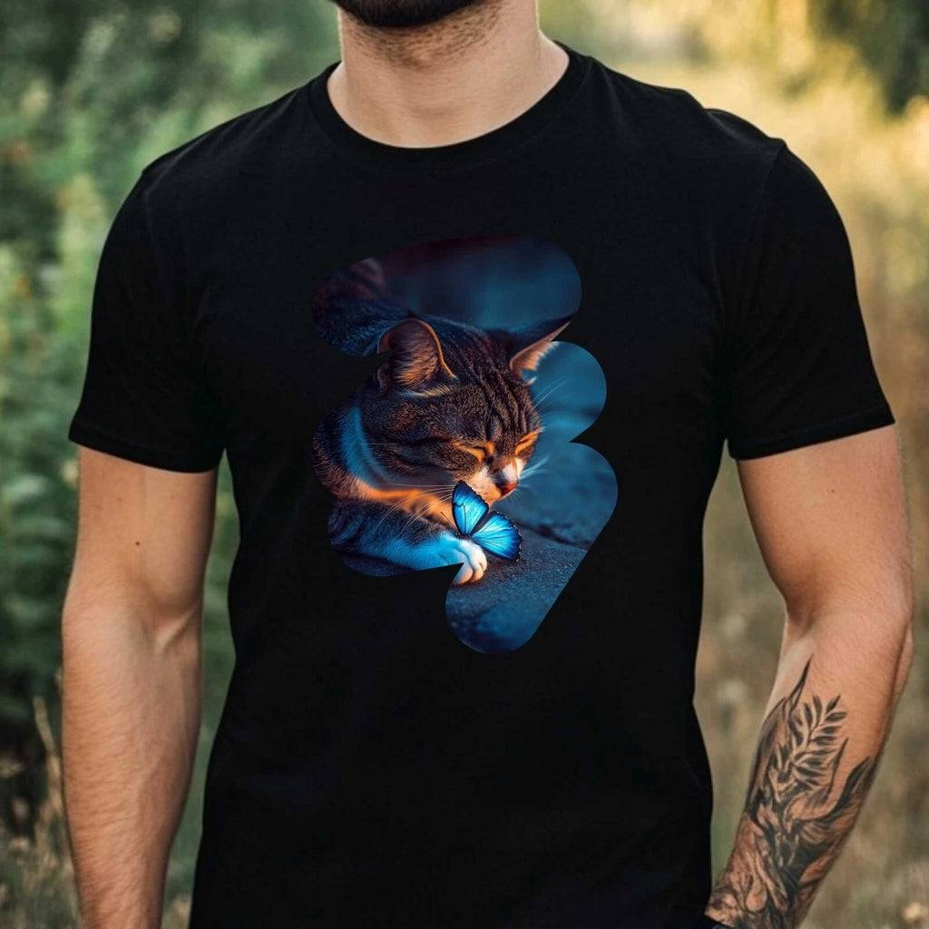 Mens Cat and Butterfly Print Cotton T-Shirt Size XS to 5XL
