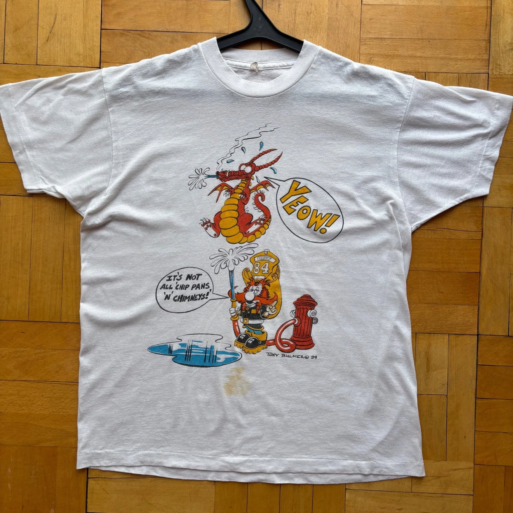 Vintage 1989 Tony Bulmer Firefighter Dragon Cartoon Graphic Tee White 80s