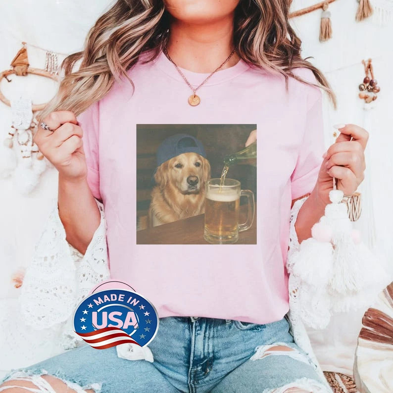 Funny Golden Retriever Drinking Beer Shirt, Dog Meme Graphic Tee, Silly Novelty