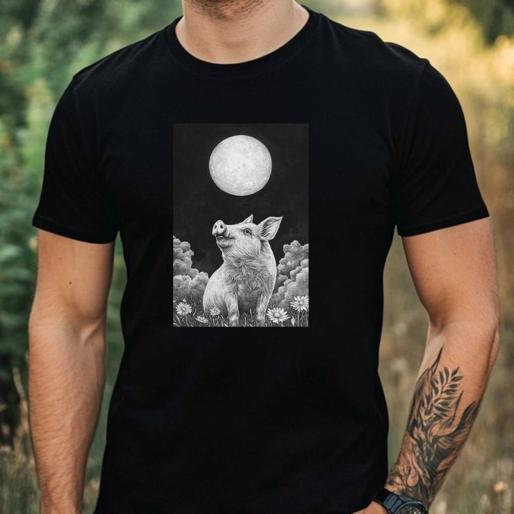 Mens Pig in the Moonlight Motif Cotton T-Shirt Size XS to 5XL