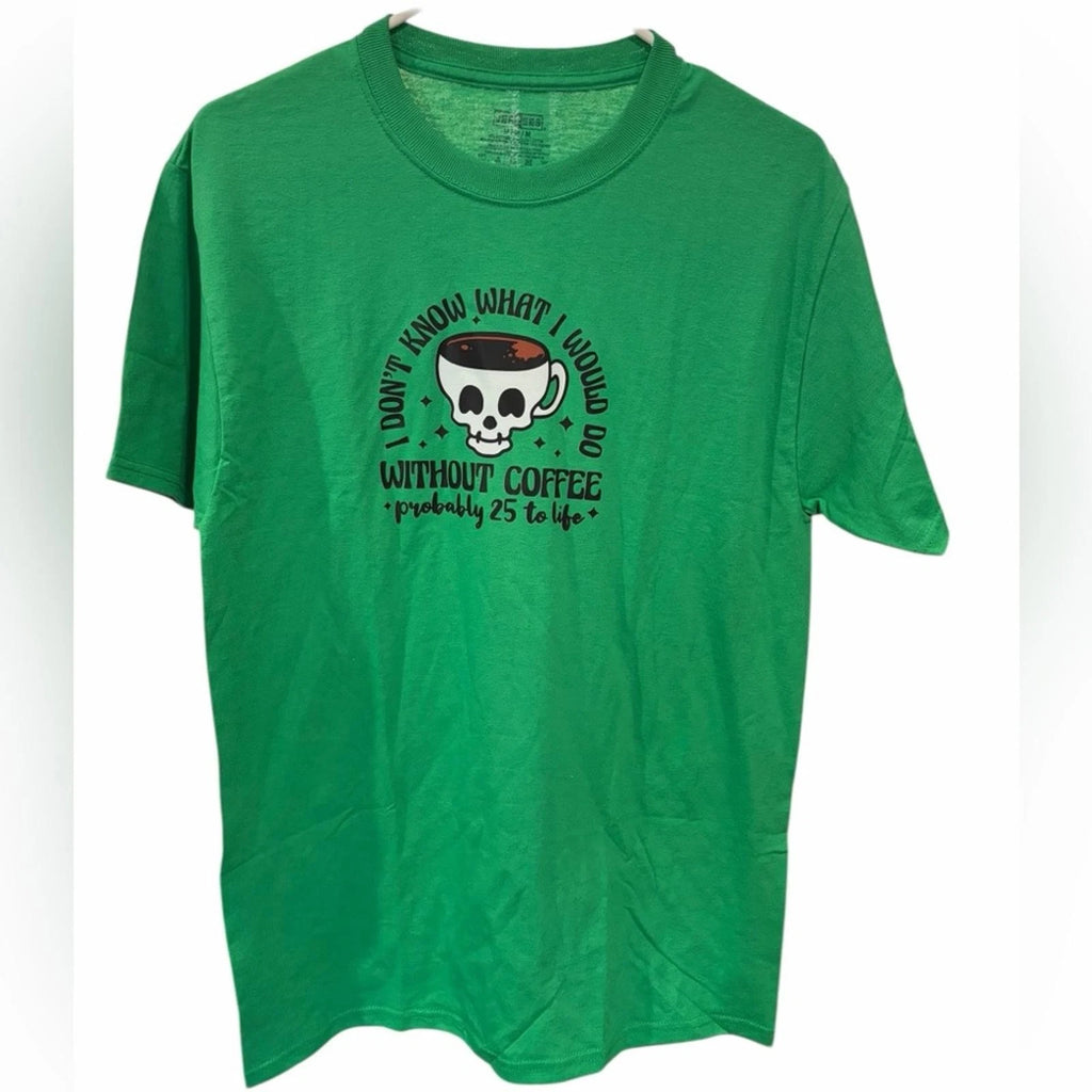 Jerzees Coffee Graphic Tee M Green Funny Saying Skull Cup Shirt