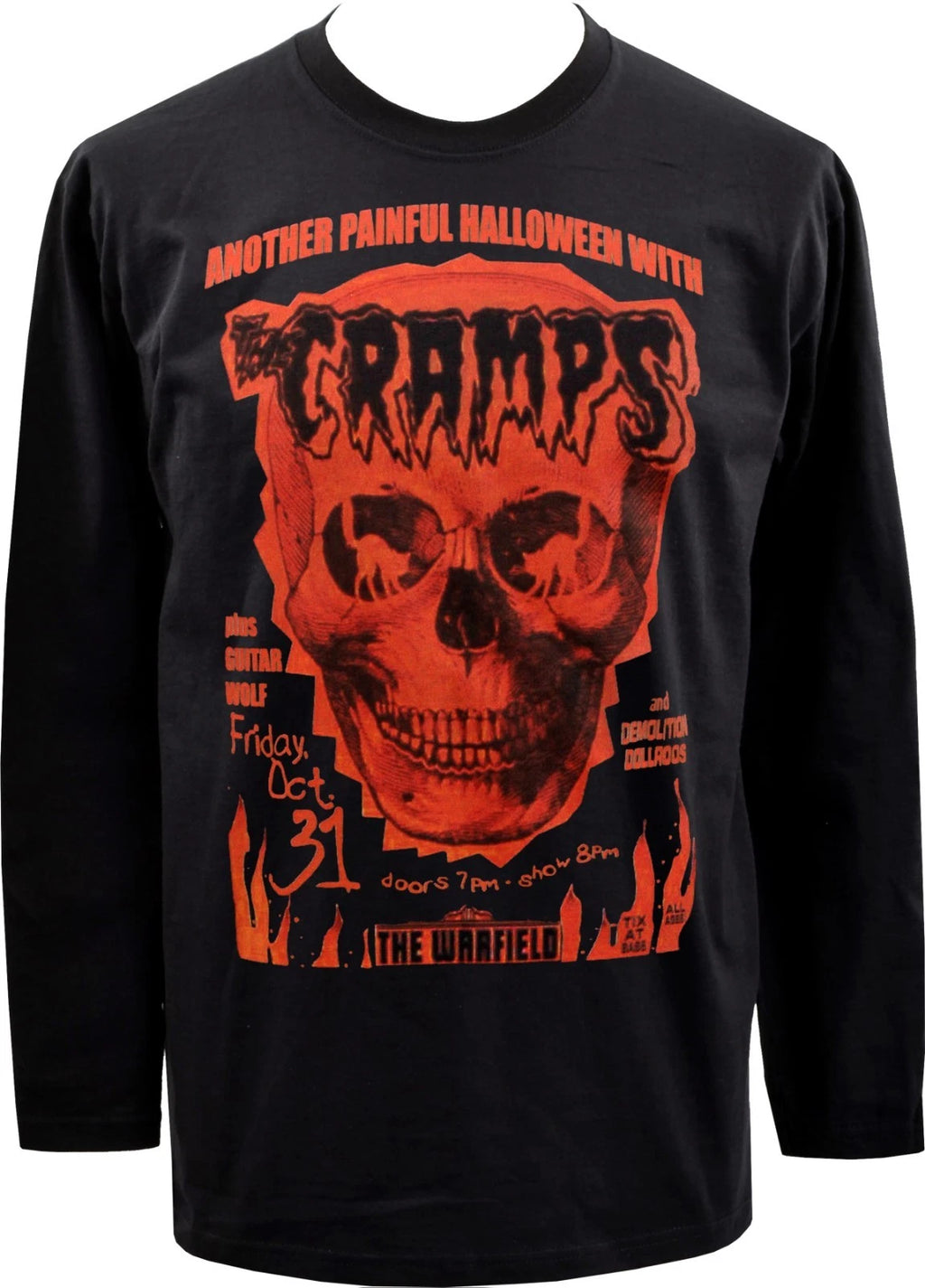 MENS LONG SLEEVE TOP THE CRAMPS HALLOWEEN SKULL FLAMES PSYCHOBILLY GIG FLYER 80s