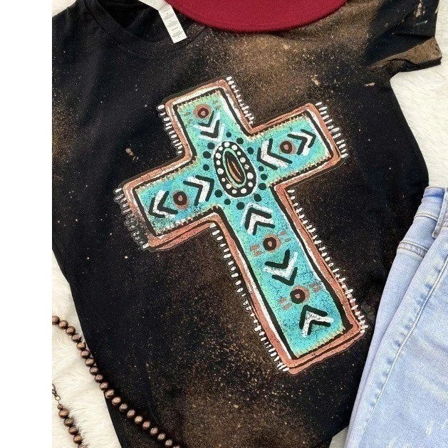 Bella Canvas Bleached Cross Graphic Unisex Tee Southwestern Turquoise Black XL