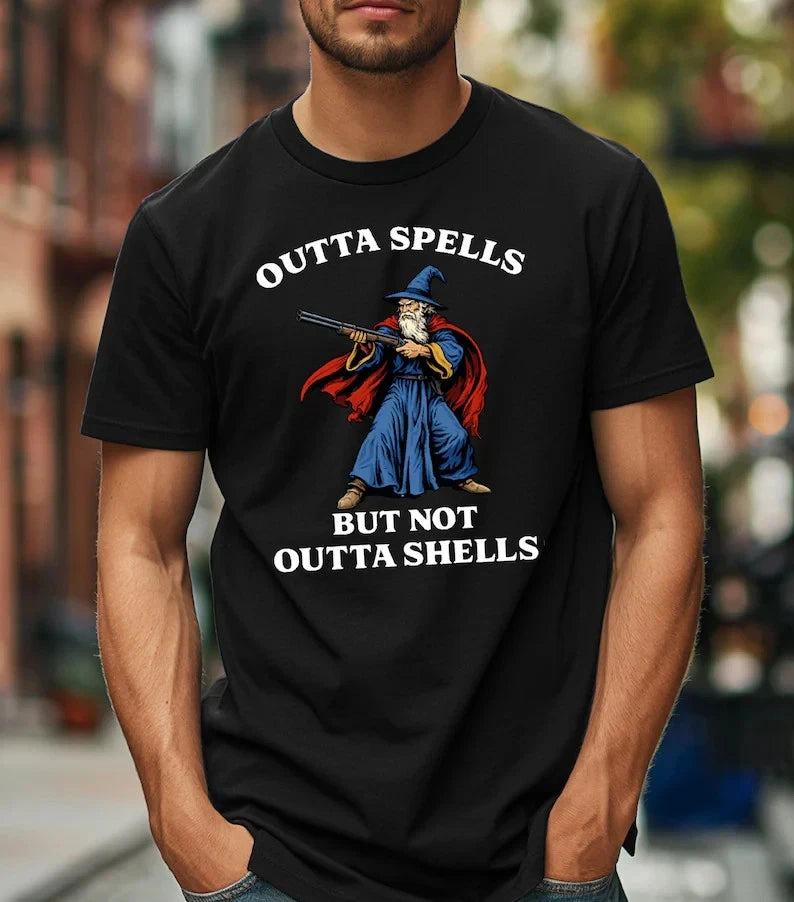 Out of Spells Not Out of Shells Shirt, Wizard Humor Graphic Tee, Fantasy Magic M