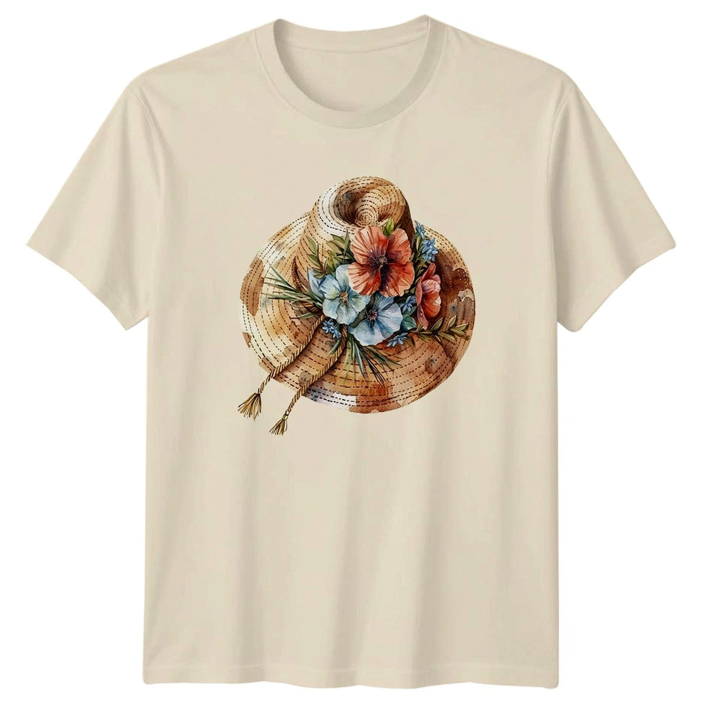 Boho Straw Hat Floral Print Womens T-Shirt Spring Fashion Gift For Her