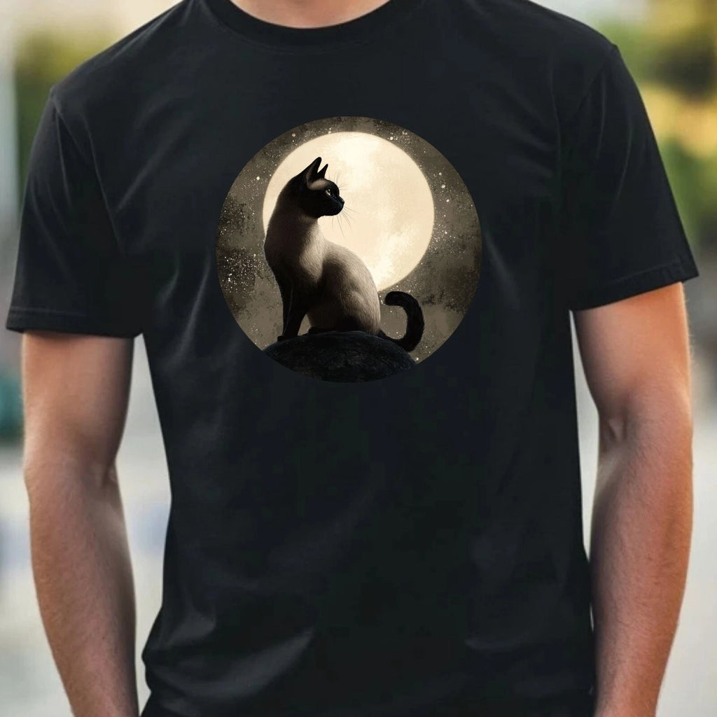 Mens Siamese Cat Full Moon Motif Cotton T-Shirt Size XS to 5XL