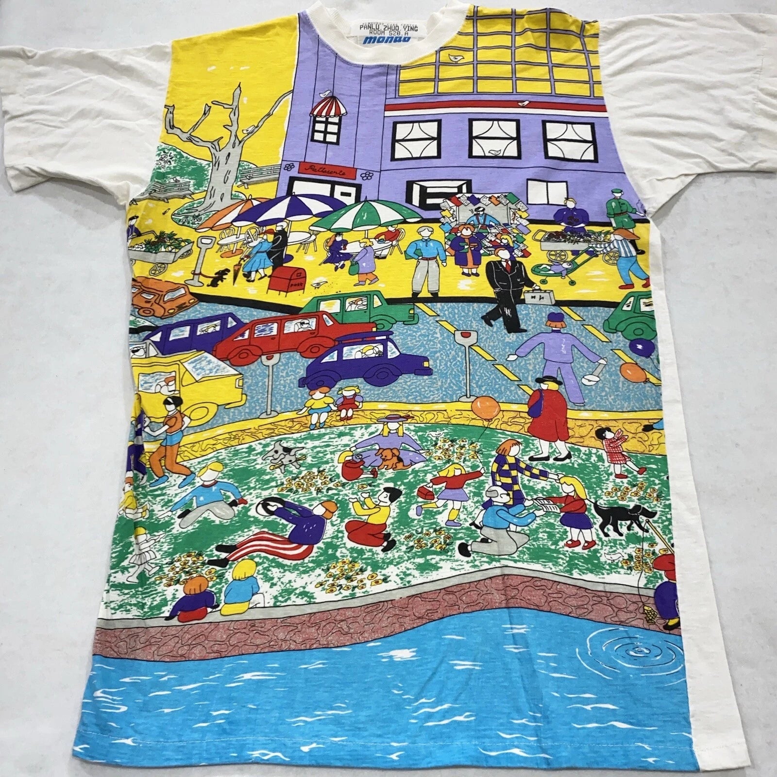 vintage 90s BUSY CITY POP ART T-Shirt MEDIUM soft thin all over big print