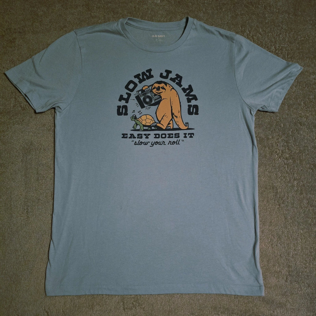 Old Navy Men's Light Blue Graphic T-Shirt Sloth "Slow Jams" Size Small
