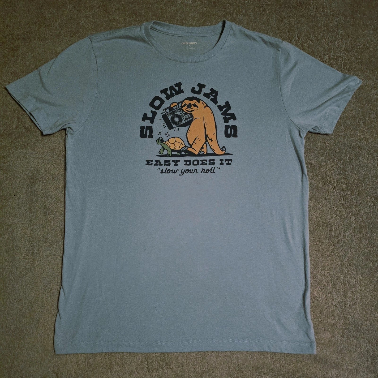 Old Navy Men's Light Blue Graphic T-Shirt Sloth "Slow Jams" Size Small