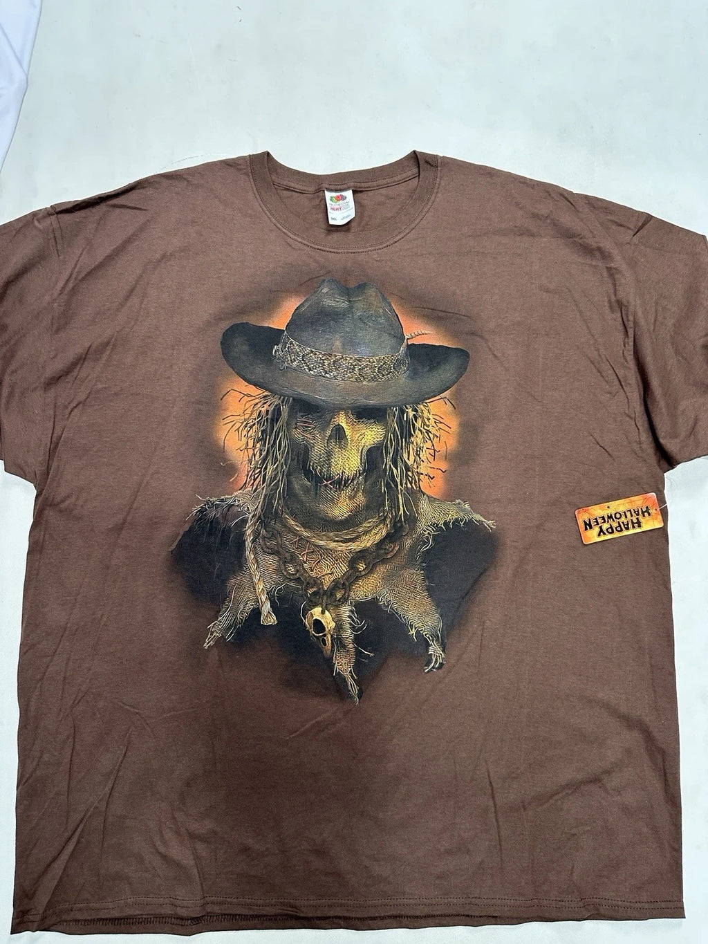 Y2K Happy Halloween Scarecrow Flame Horror Big Graphic T-Shirt Brown Size 3xl