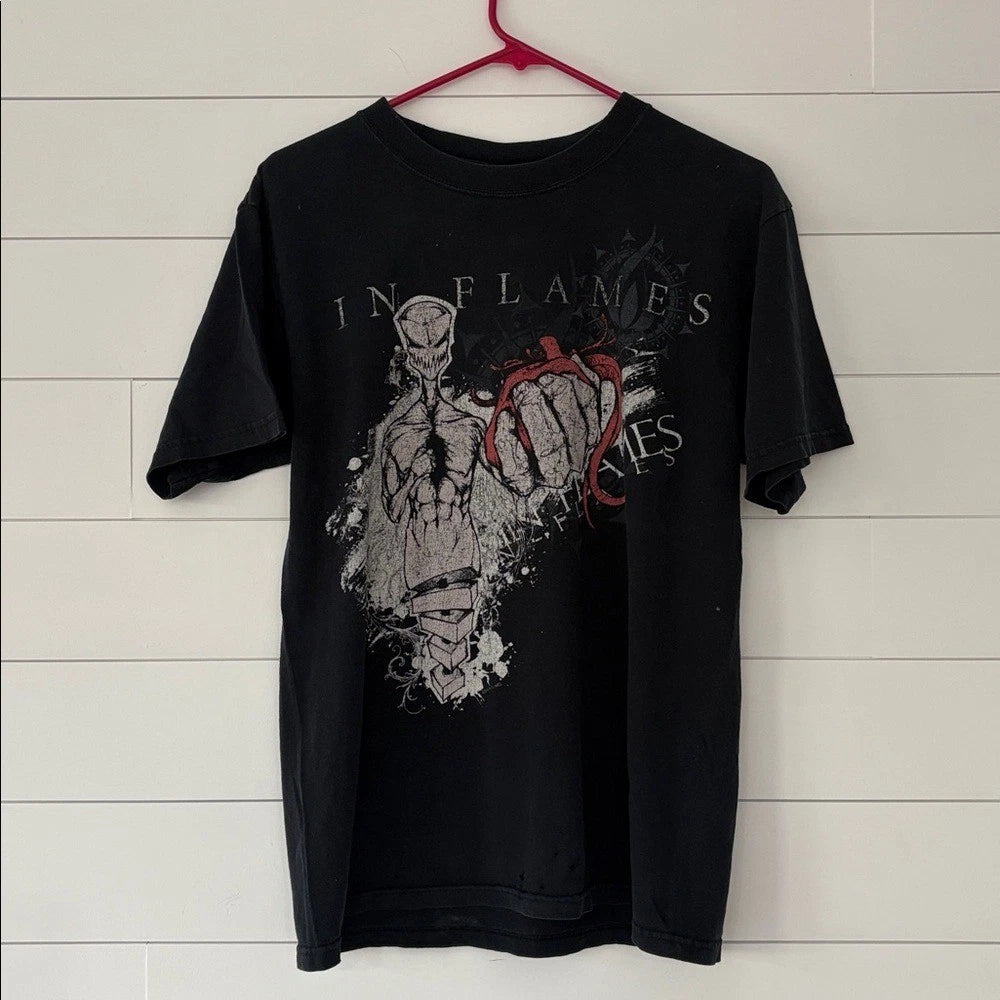 Vintage In Flames Metal Band T-Shirt Black Anvil Tag Distressed Medium