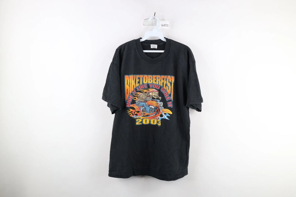 Vtg Y2K 2003 Mens XL Faded Biketoberfest Motorcycle Fire Flames Skeleton T-Shirt