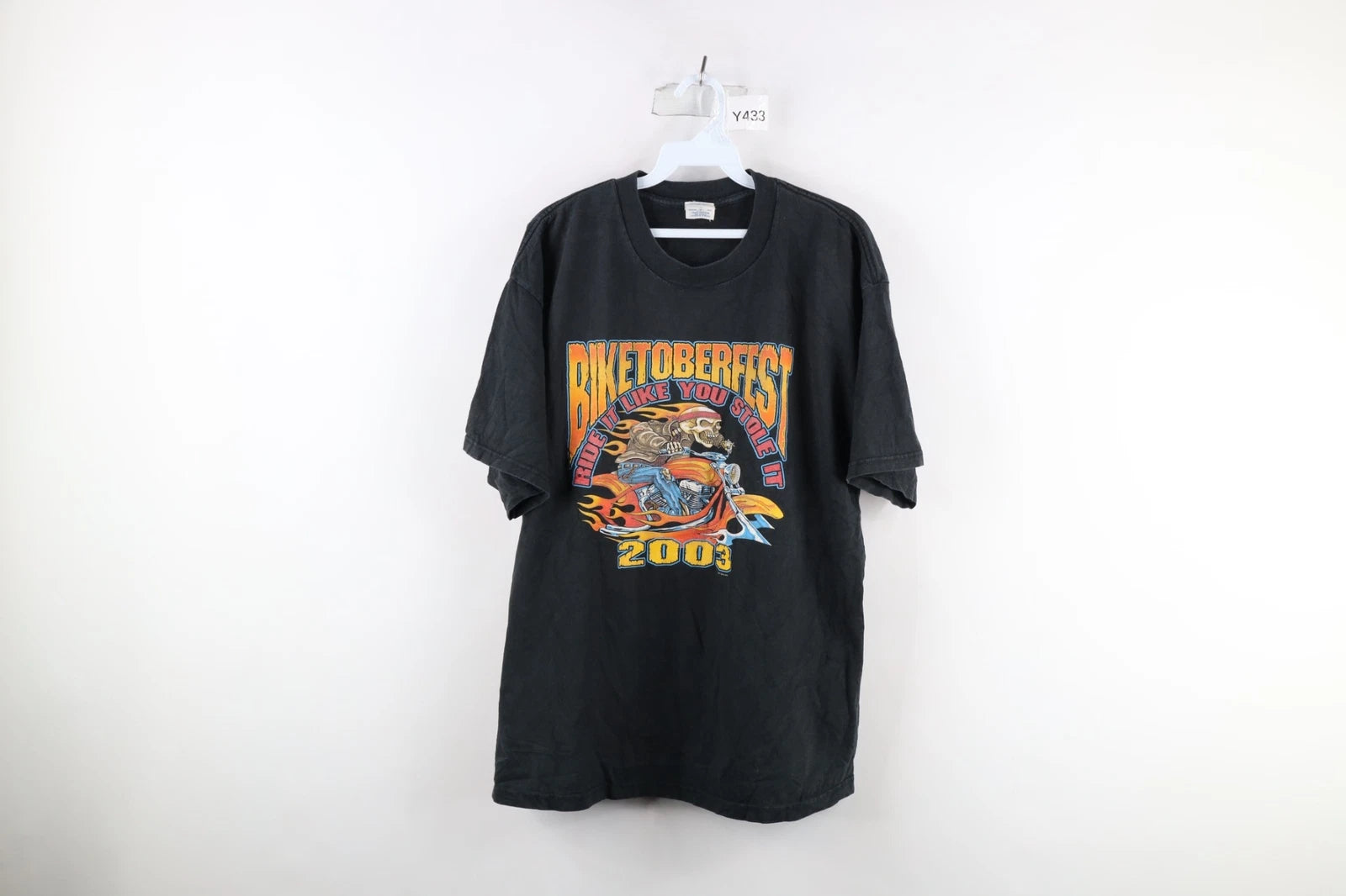 Vtg Y2K 2003 Mens XL Faded Biketoberfest Motorcycle Fire Flames Skeleton T-Shirt