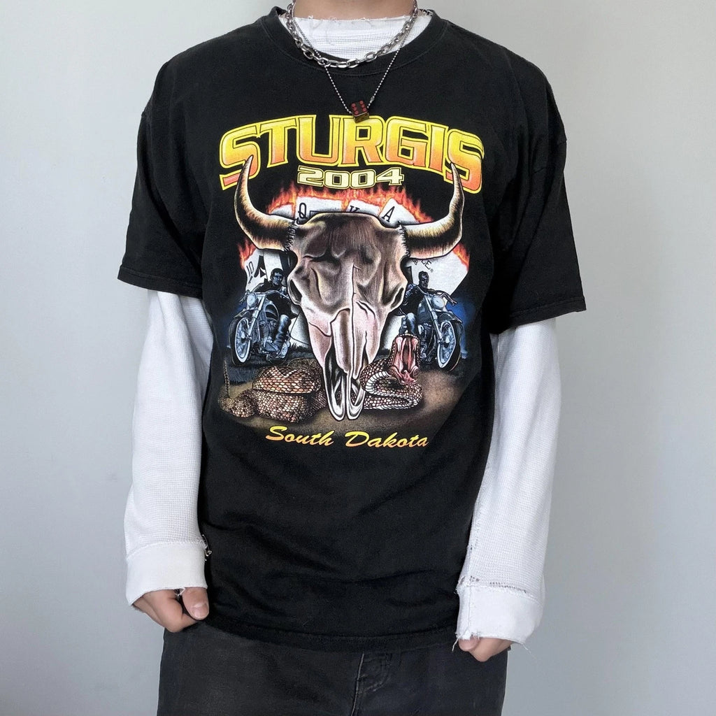 Y2K Biker Tee Sturgis 2004 Shirt Mens XL Black Skull Snake Rally Graphic Tee