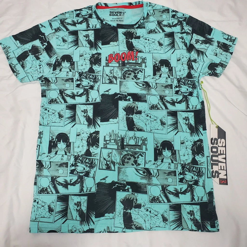 Seven Souls T-shirt Pop Art Anime Comic Strip All Over Print Size L Green