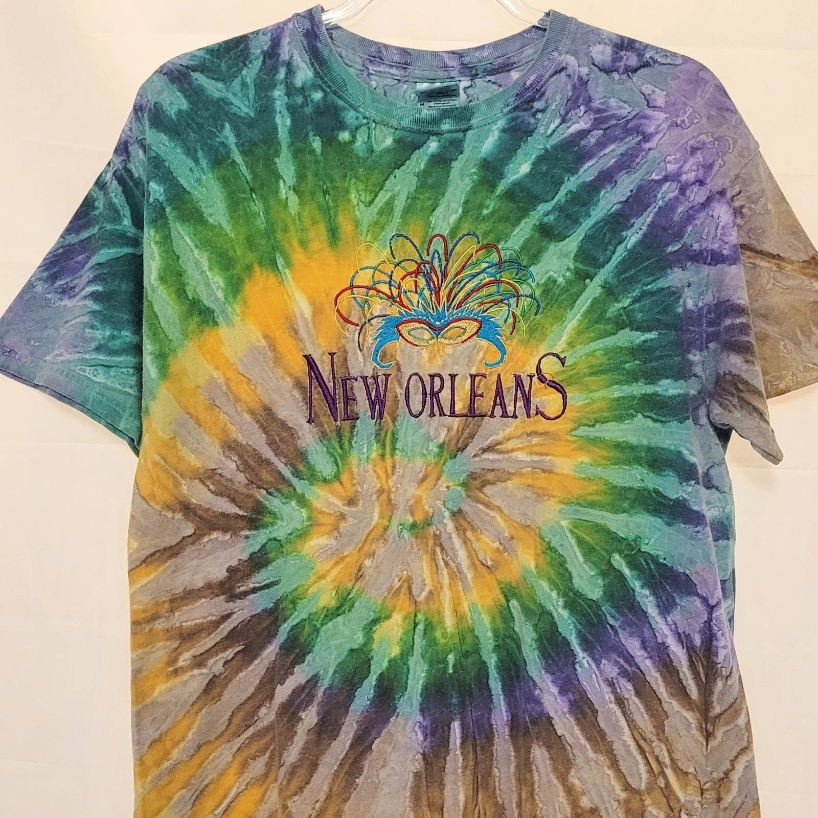 New Orleans Tie Dye Embroidered Short Sleeve T Shirt Adult Medium Colorful Boho