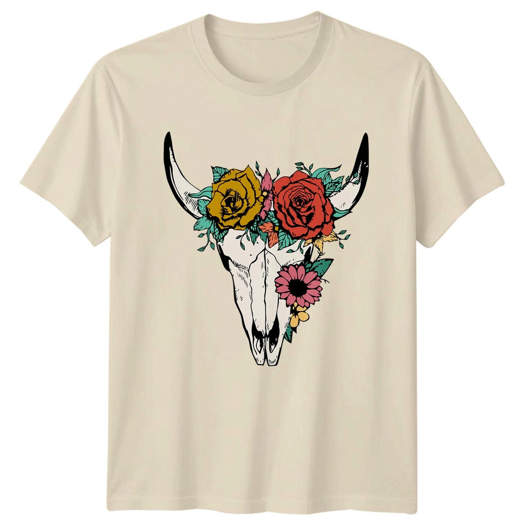 Floral Steer Skull Bohemian Art Womens T-Shirt Cow Skull Flowers Western Boho