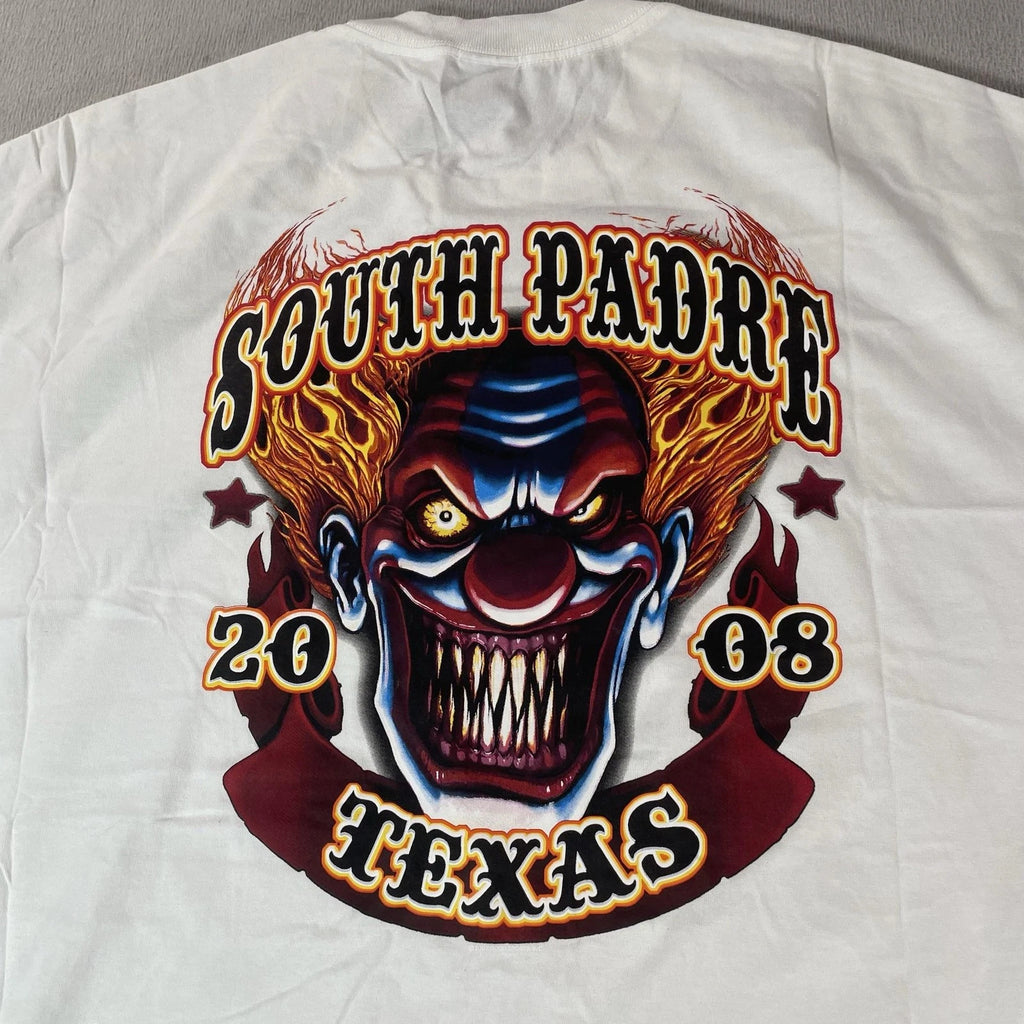 Y2K South Padre Texas Shirt Mens 2XL White Evil Clown Graphic Creeot Allstyle