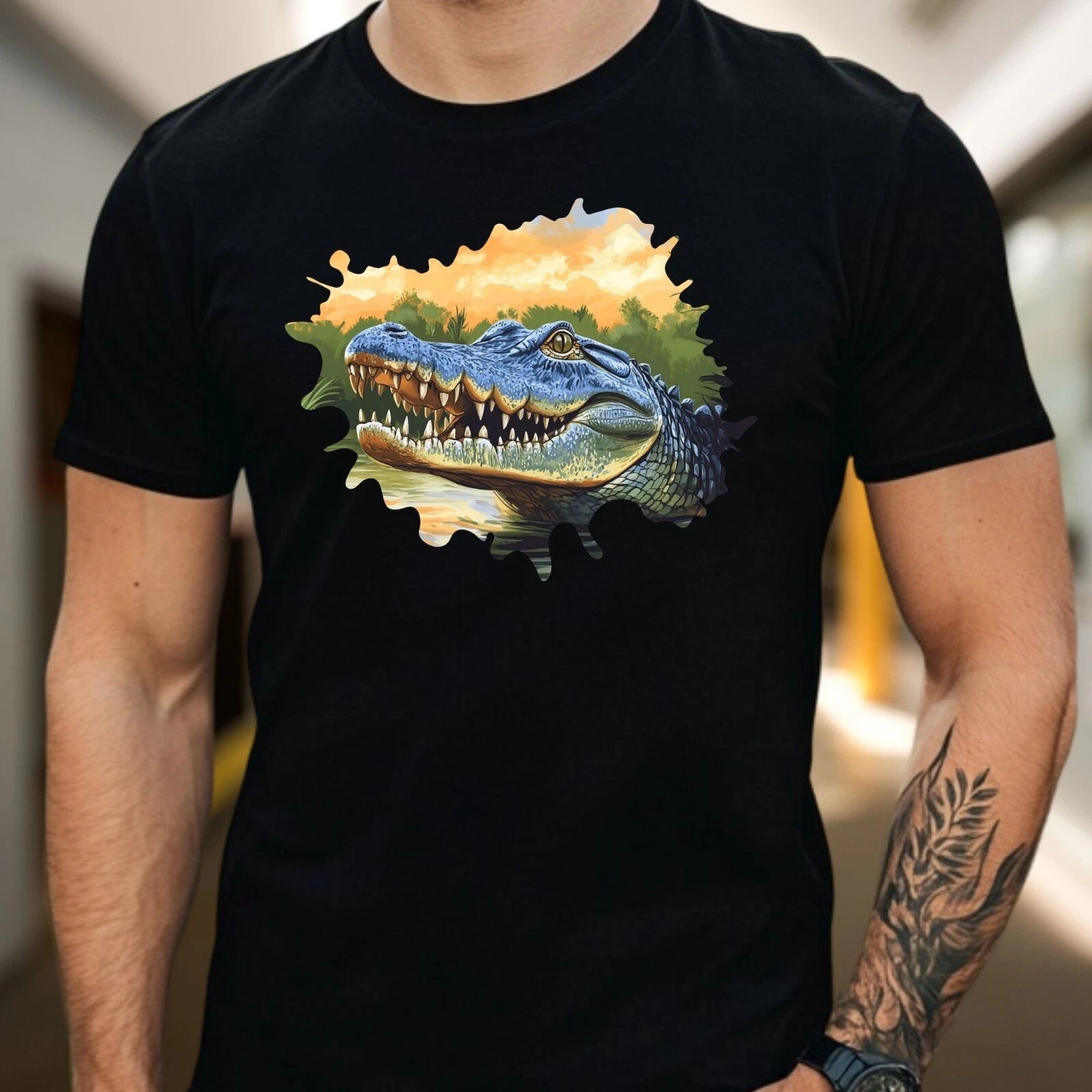 Mens Crocodile Print Cotton T-Shirt Size XS to 5XL