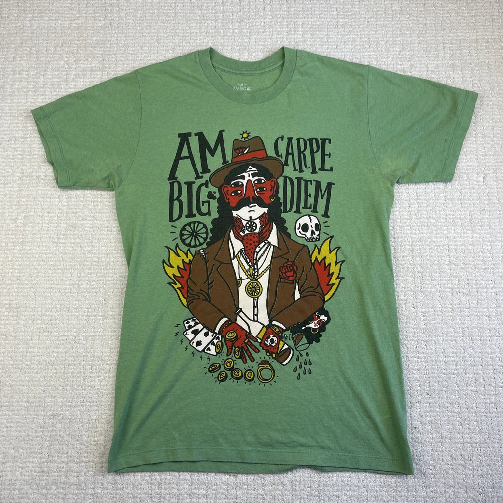 Y2K Ricardo Cavolo Tattoo Art Shirt Adult Sz S Green tee Punk Goth Flames Skull