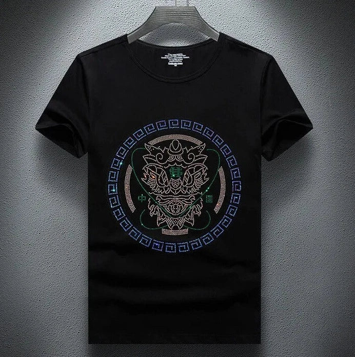 Men Luxury Diamond Rhinestones Fashion Black T-Shirt High Quality