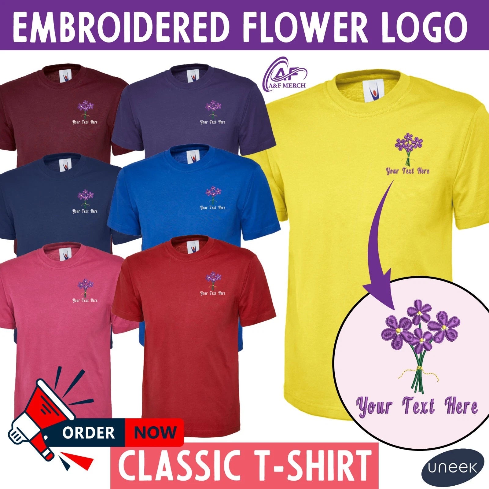Unisex Embroidered Boho Floral Custom Purple Logo T-Shirt