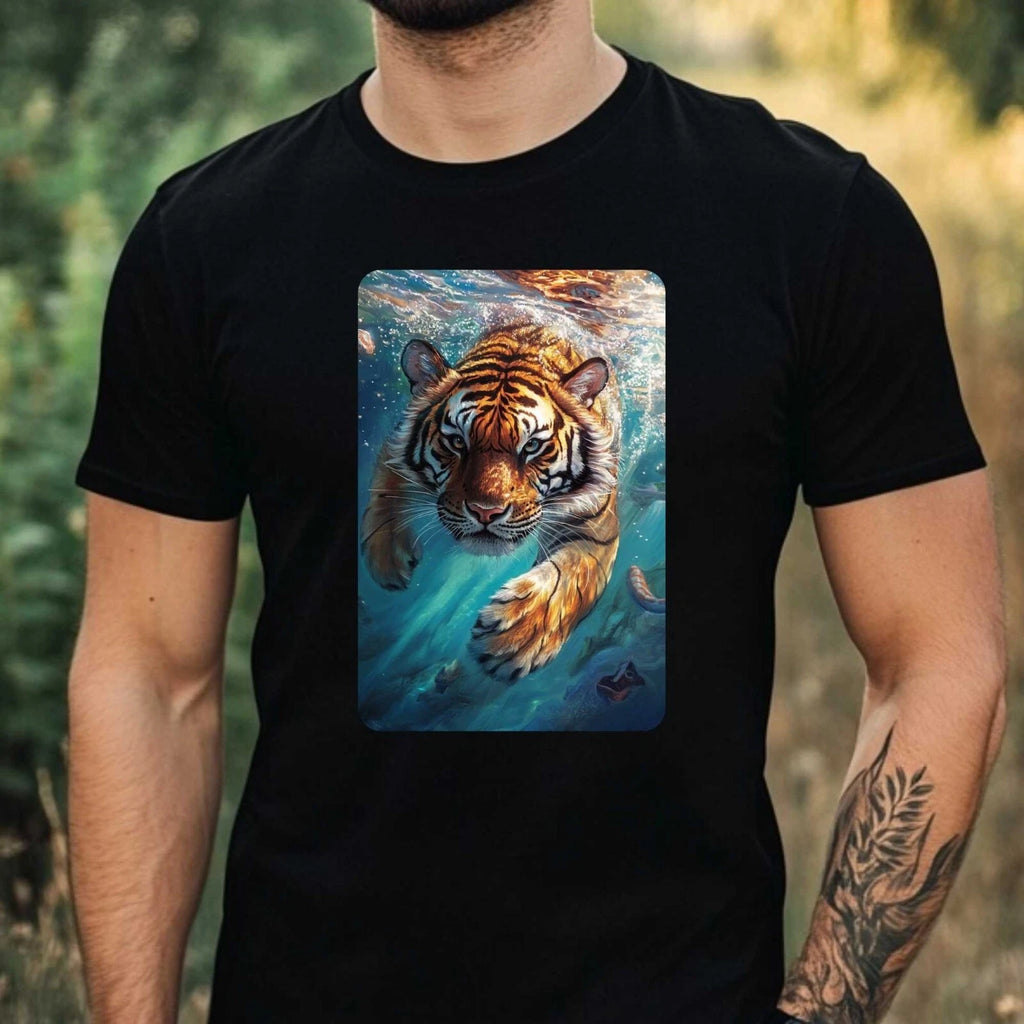Mens Tiger Swimming In Ocean Motif Cotton T-Shirt Size XS to 5XL