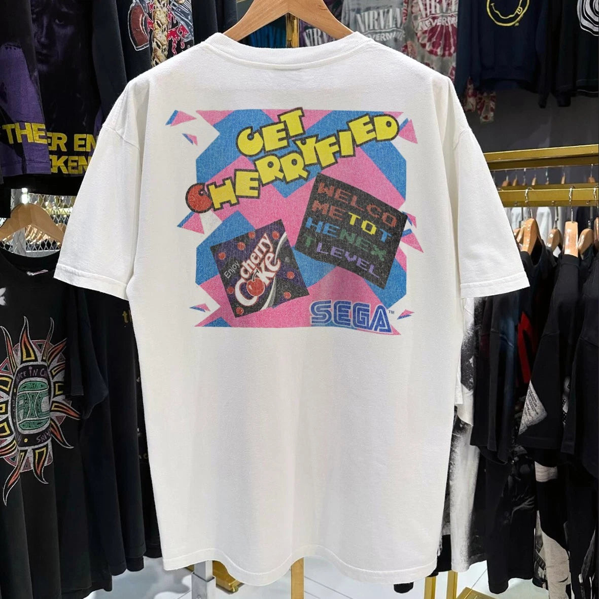 90s Get Cherryfied Cherry COKe X Sega Washed T-Shirt White XL