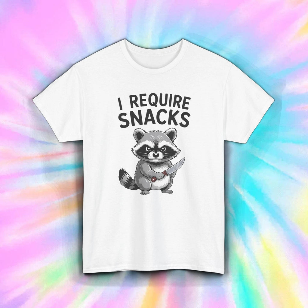 I Require Snacks Shirt Funny Raccoon Knife Cute Animal Meme Humor Tee S-5XL