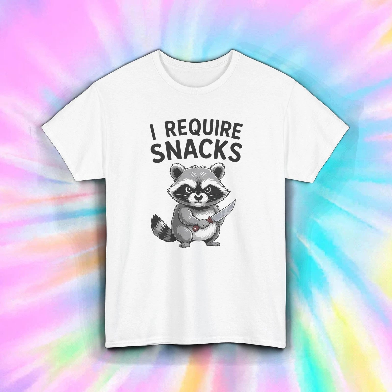 I Require Snacks Shirt Funny Raccoon Knife Cute Animal Meme Humor Tee S-5XL