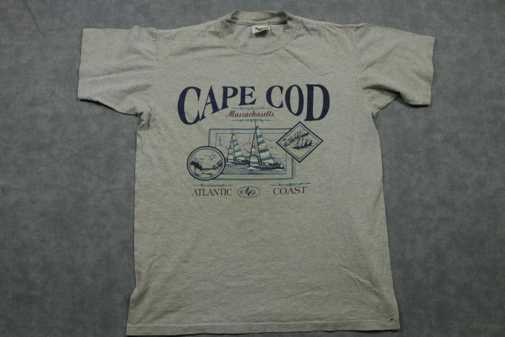 Vintage Cape Cod Shirt Mens Medium Gray Stripe Massachusetts Atlantic Coast 90s