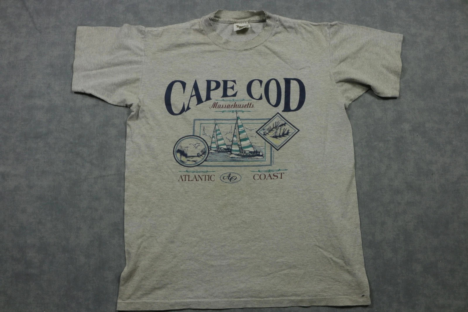 Vintage Cape Cod Shirt Mens Medium Gray Stripe Massachusetts Atlantic Coast 90s