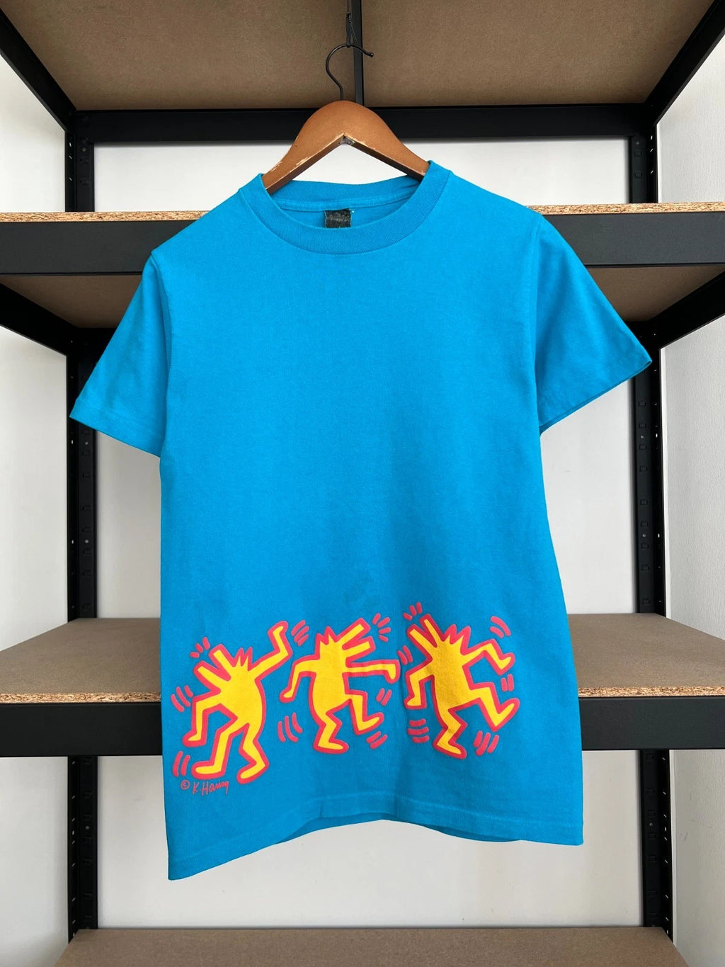 Vintage 80s Keith Haring Dancing Dog Pop Shop Art Blue T-shirt Sz S