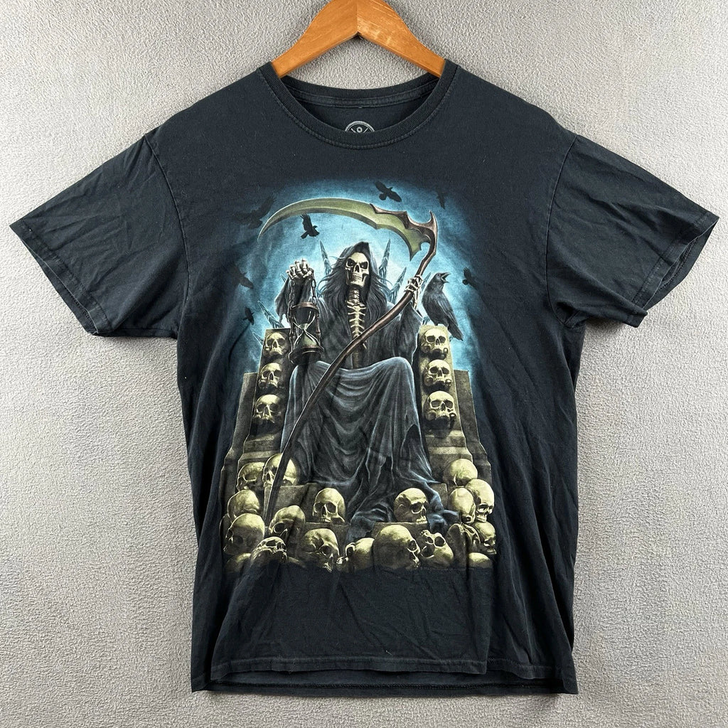 DOM Shirt Adult Medium Black Grim Reaper  Skeleton Skull Pile AOP Y2K Skater