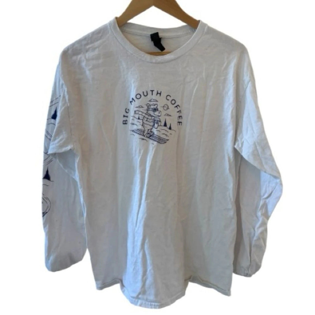 Big Mouth Coffee Unisex White Long-Sleeve Graphic Tee with Blue Print Sz Large
