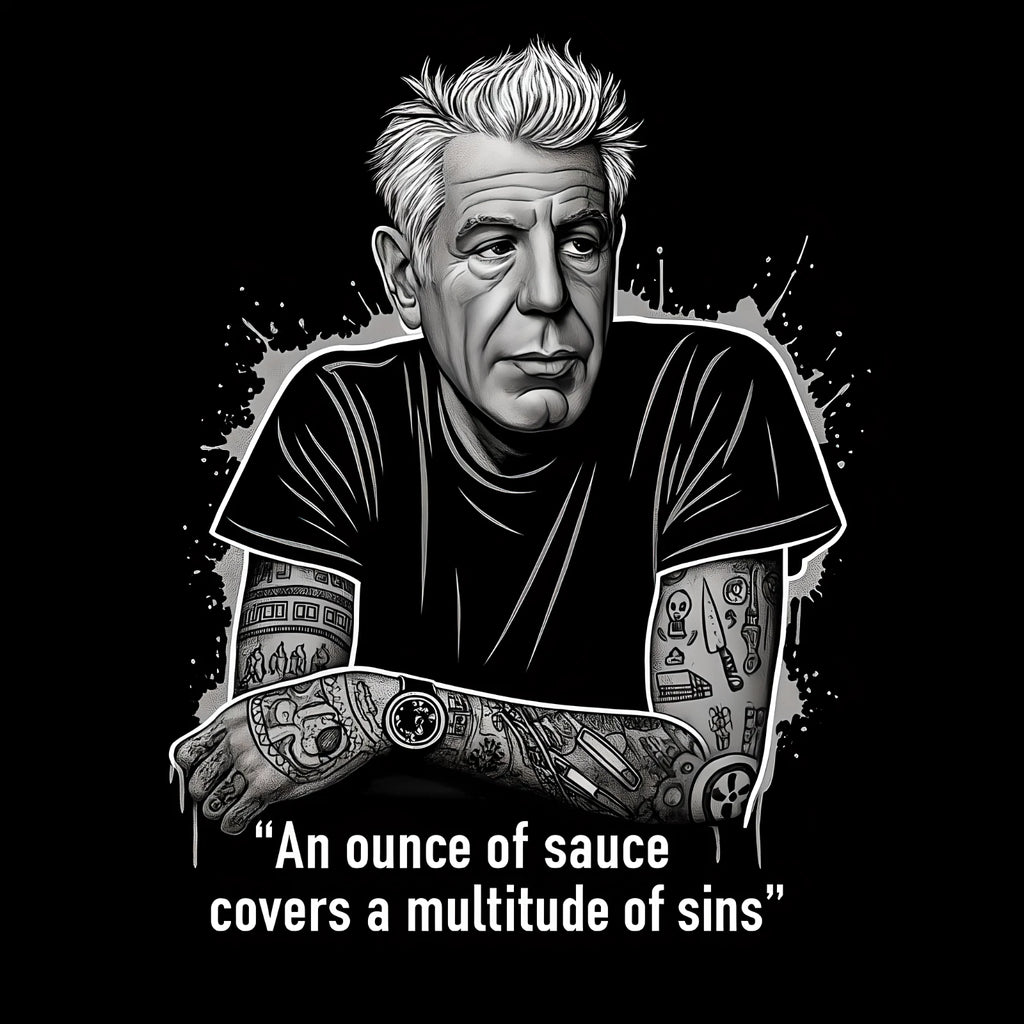 Anthony Bourdain T-Shirt - Sauce Covers Sins Quote Tee - Culinary Kitchen Chef