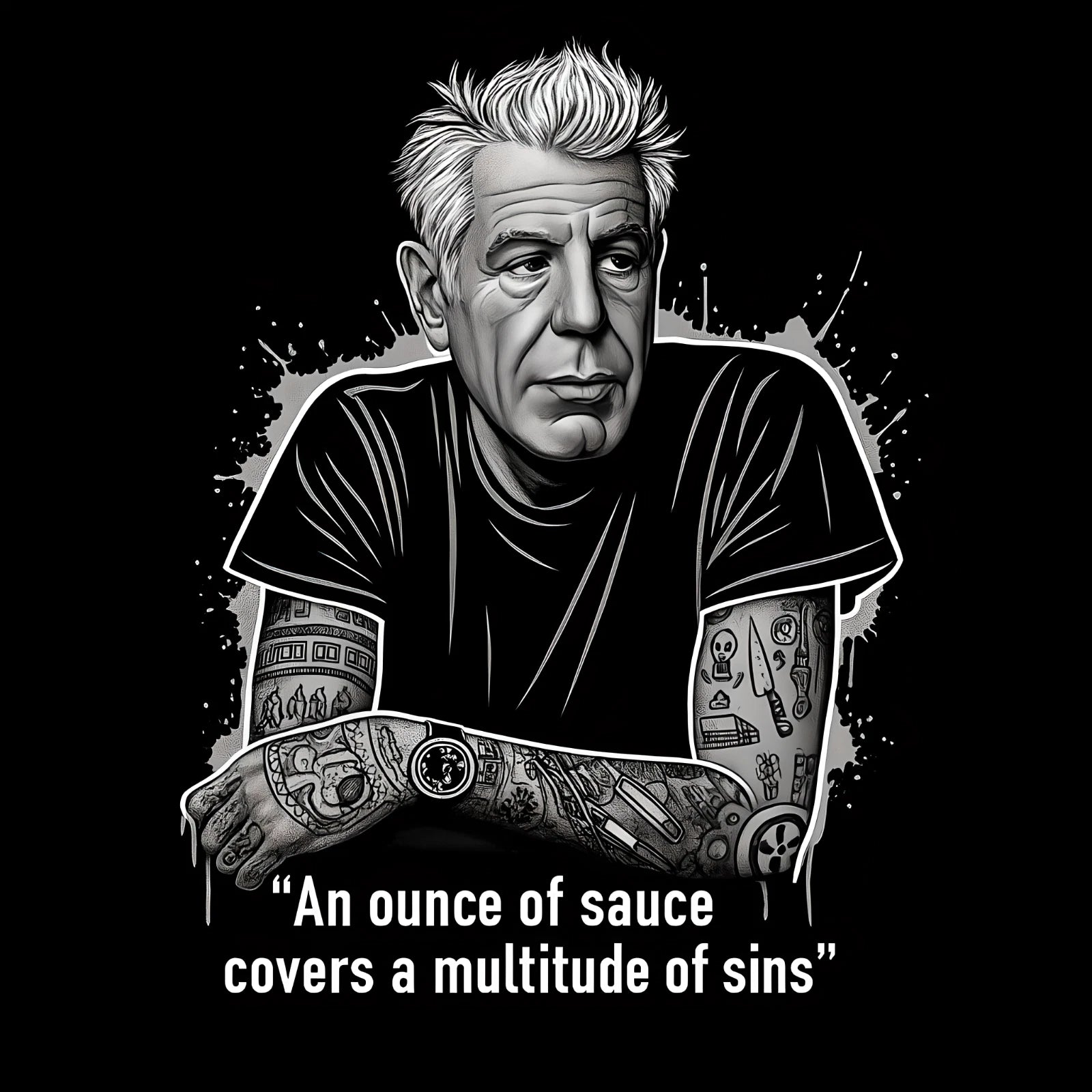 Anthony Bourdain T-Shirt - Sauce Covers Sins Quote Tee - Culinary Kitchen Chef