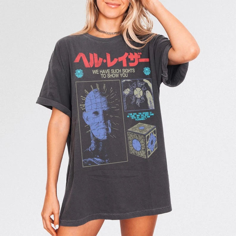Retro Hell Horror Movie Graphic Tee, 80s Pin Head Film Inspired T-Shirt