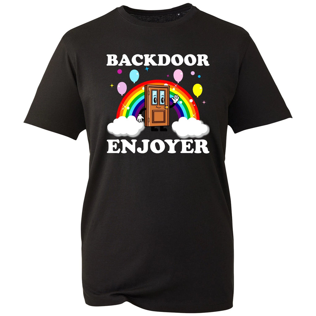 Backdoor Enjoyer Funny Retro Rainbow Graphic Tee Y2K Meme Unisex Black T-Shirt