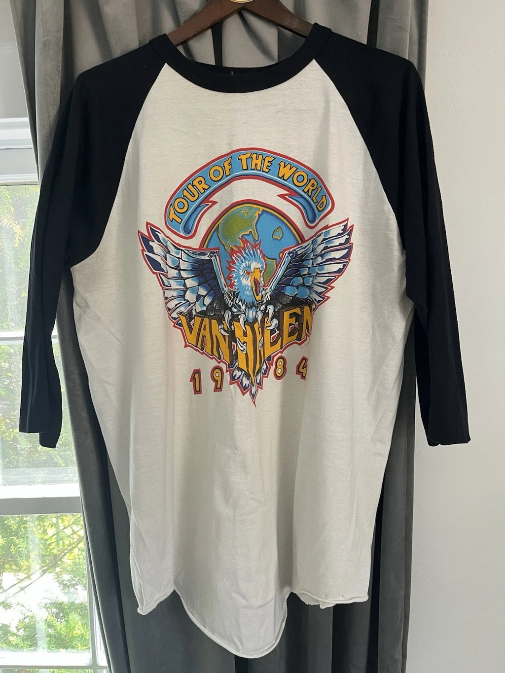 Vintage 1984 Van Halen Tour Of The World T Shirt XL Black White 3/4 Sleeve