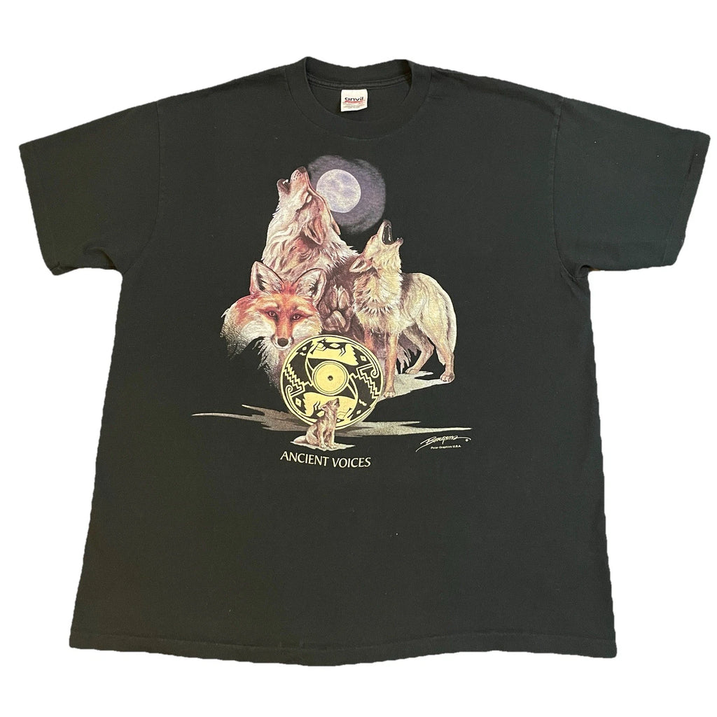 Vintage 90s Wolves Moon T-Shirt Men’s XL Native American Wolf Art Black USA Made