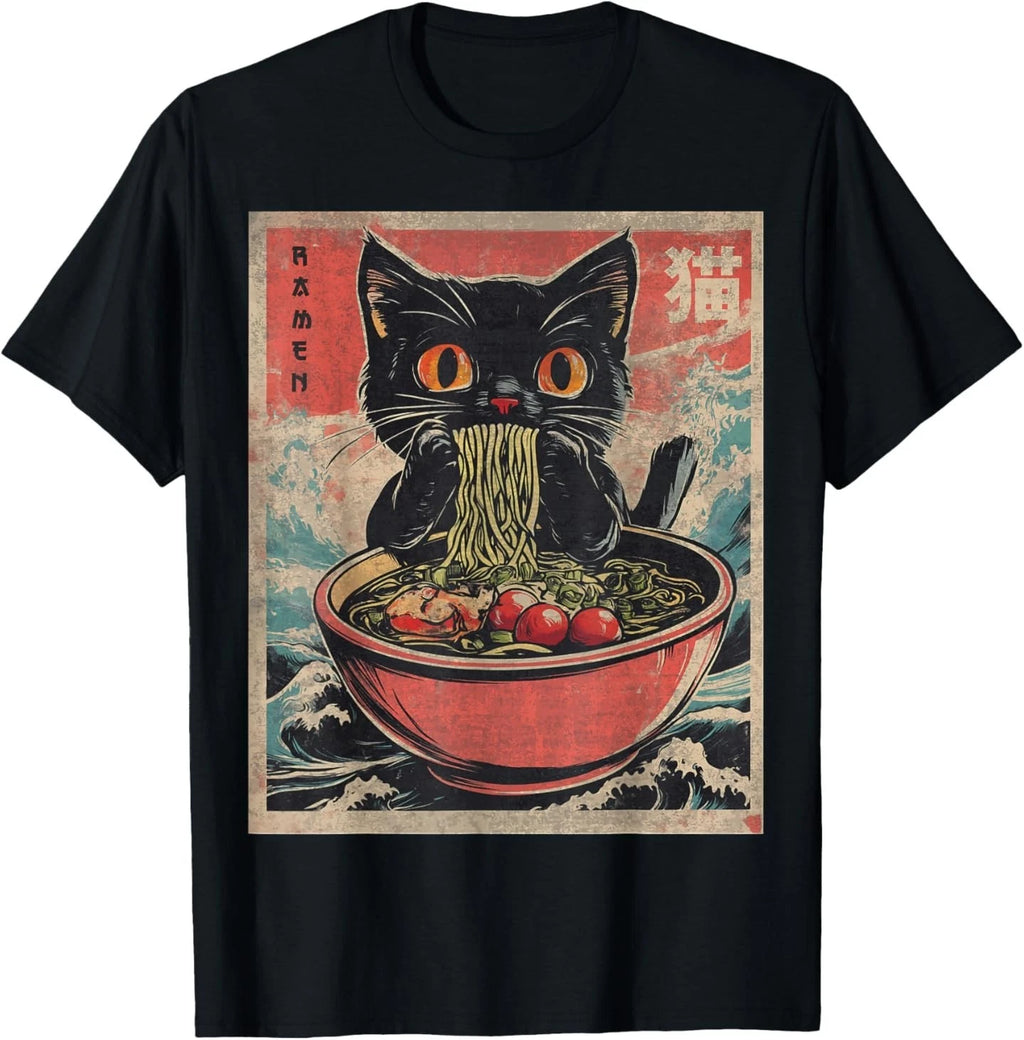 Unisex Anime Cat Ramen Japanese Funny Graphic Tees Kawaii Cat Anime Gifts T-Shir