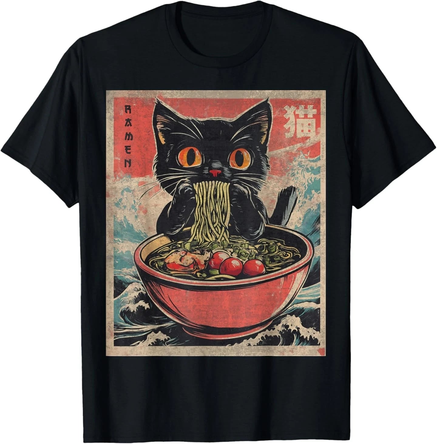 Unisex Anime Cat Ramen Japanese Funny Graphic Tees Kawaii Cat Anime Gifts T-Shir