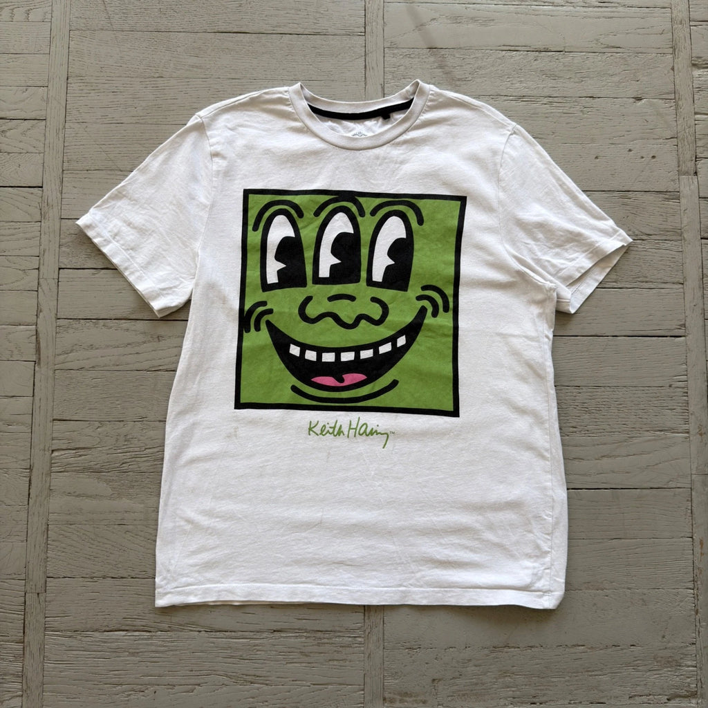 Vintage Keith Haring Pop Art Face Graphic Tee Shirt Size M White Green
