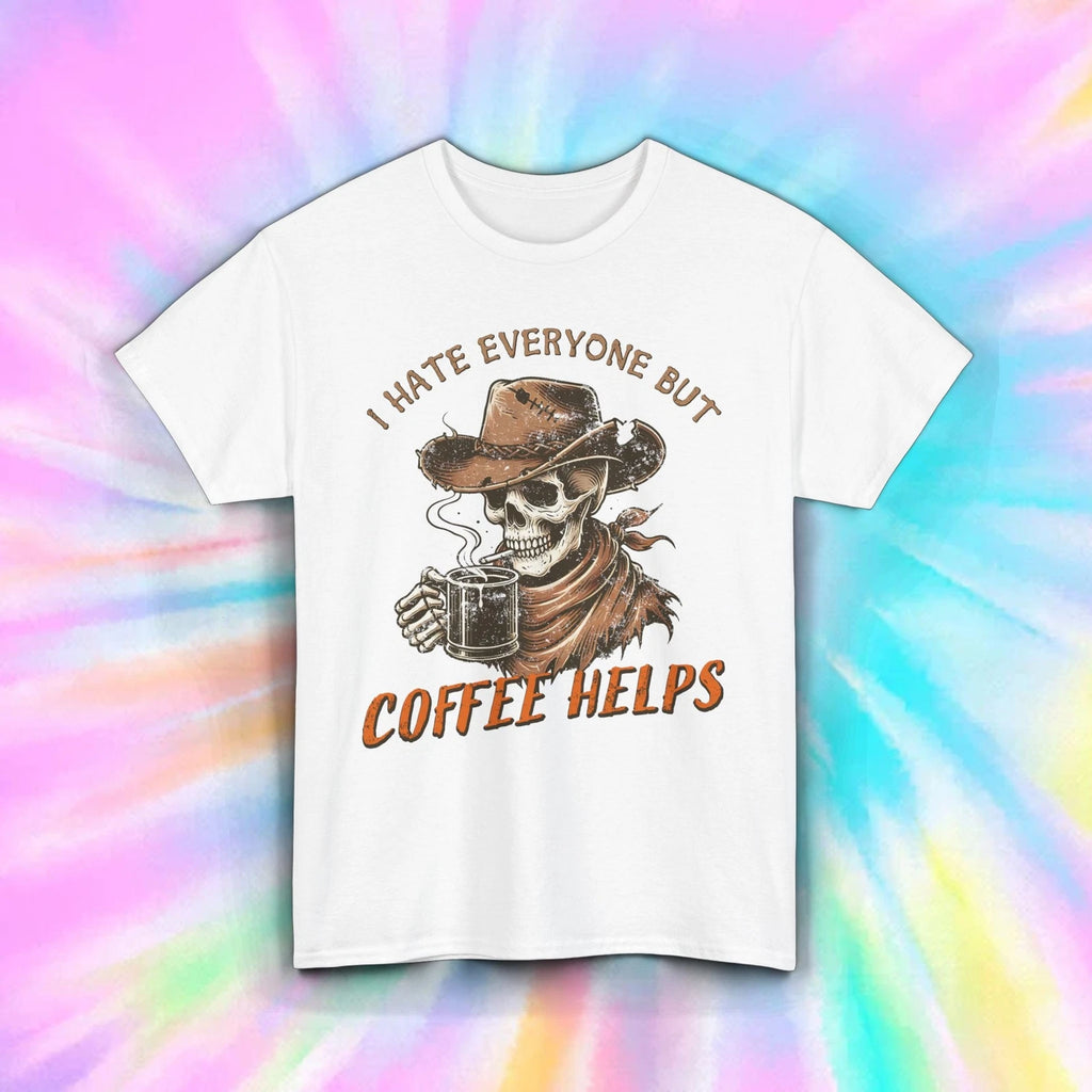 Coffee Helps Shirt Skeleton Cowboy Mug Funny Caffeine Addict Tee S-5XL