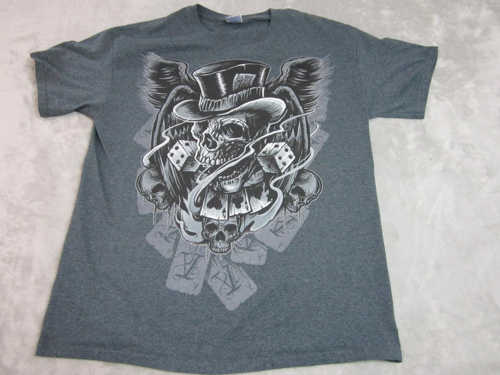 Y2K Skull Shirt Mens Large Gray Top Hat Dice Cards Goth Gildan Tag Short Sleeve