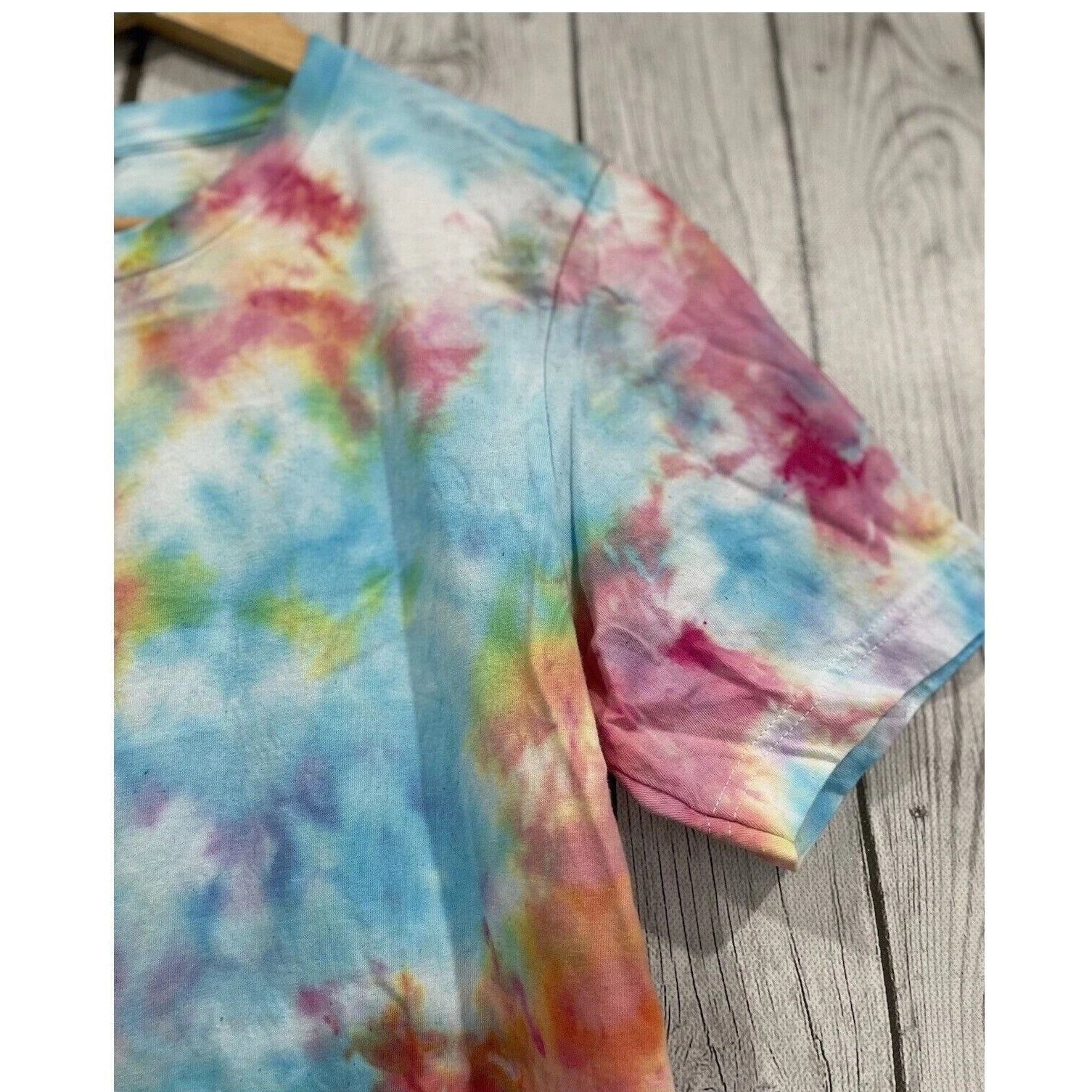Bella Canvas Tie Dye T Shirt Blue Pink Yellow Short Sleeve Crew Neck M Handmade