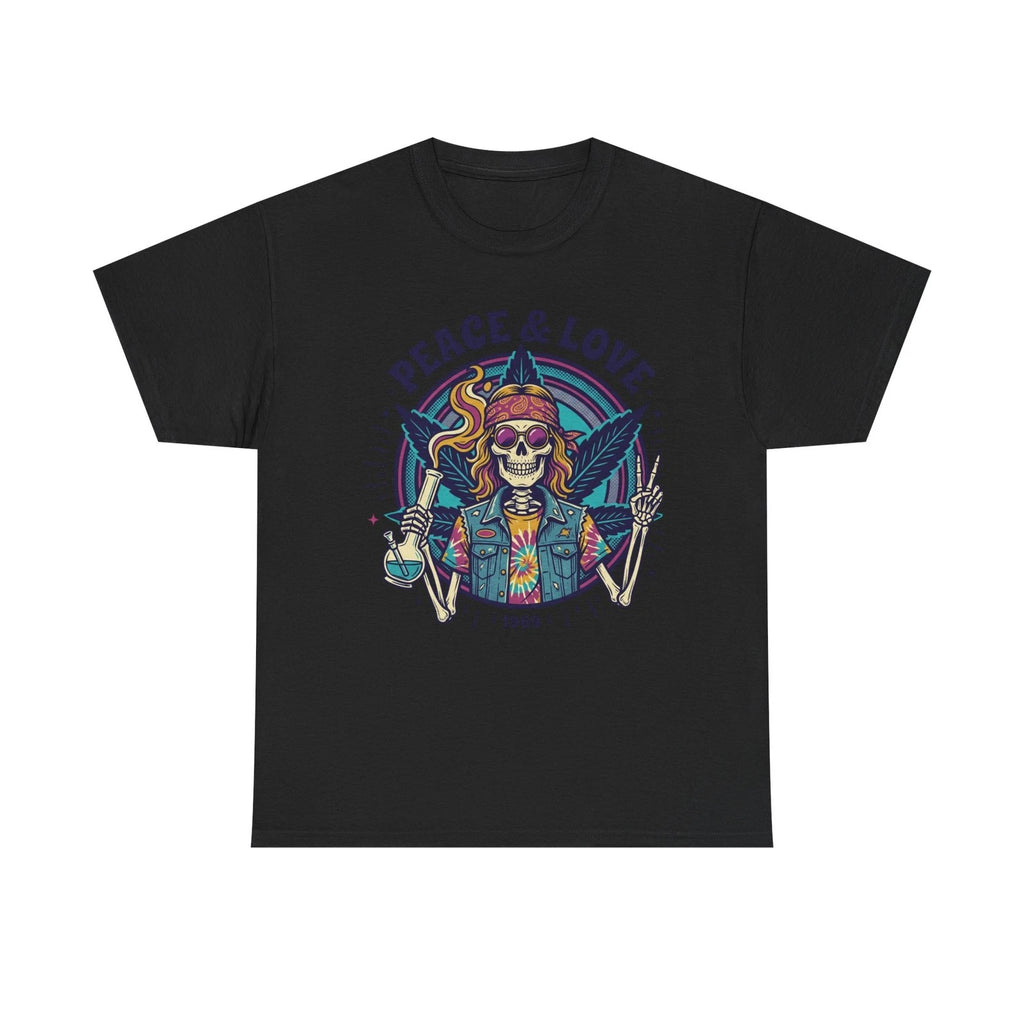 Peace & Love Skull T-Shirt | Retro Hippie Skeleton Graphic Tee